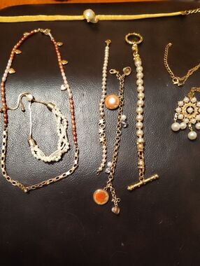 Gold and Pearl Multi-Strand Women's Necklace and Bracelet Set